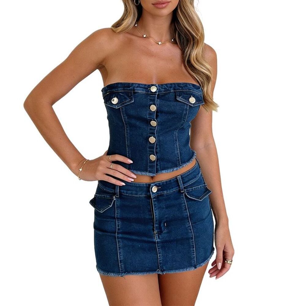 YesFashion - Women Strapless Denim Corset And Mini Skirt Set Bu Dark Blue